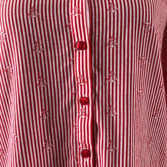 Womens Milano Stripped Red Anchor Nautical V neck button up blouse size 36 - Picture 3 of 14